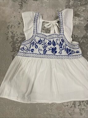 White Cotton Tank Top with Blue Floral Embroidery